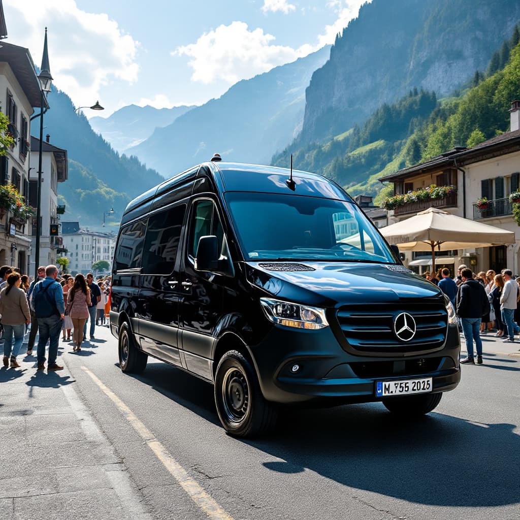 AI generated: create a picture with a mercedes-benz sprinter driving around in switzerland with a lot of people ar...