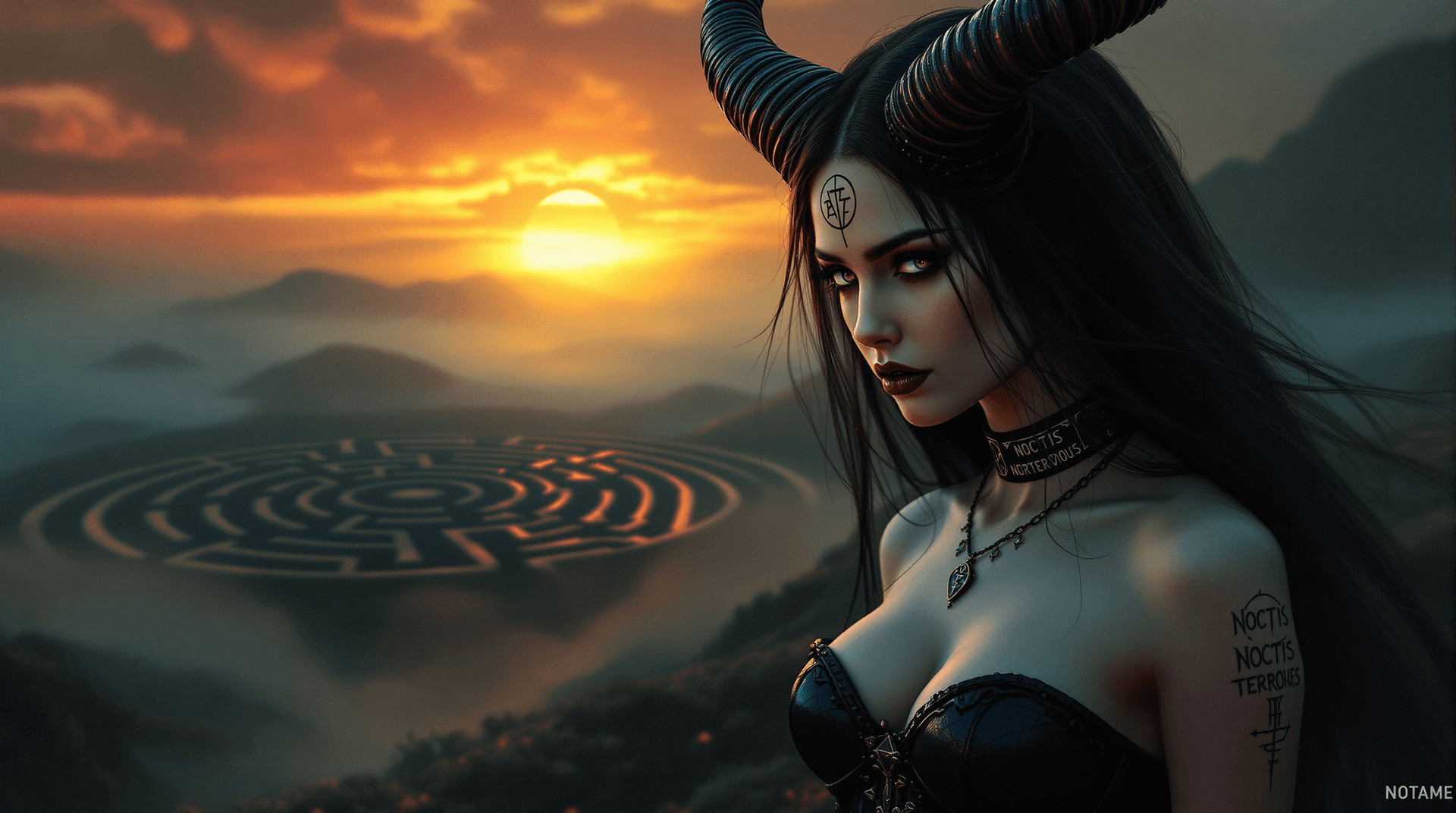 AI generated: A record-album cover, fantasy art: A powerful yet vulnerable female demon, reminiscent of Beksiński'...