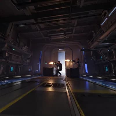 AI generated video: The characters from Reference Image 2 are engaged in a firefight within the environment shown in Ref...