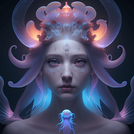 AI generated: Goddess close-up portrait ribcagel. jellyfish phoenix head, nautilus, orchid, skull, betta fish, bio...
