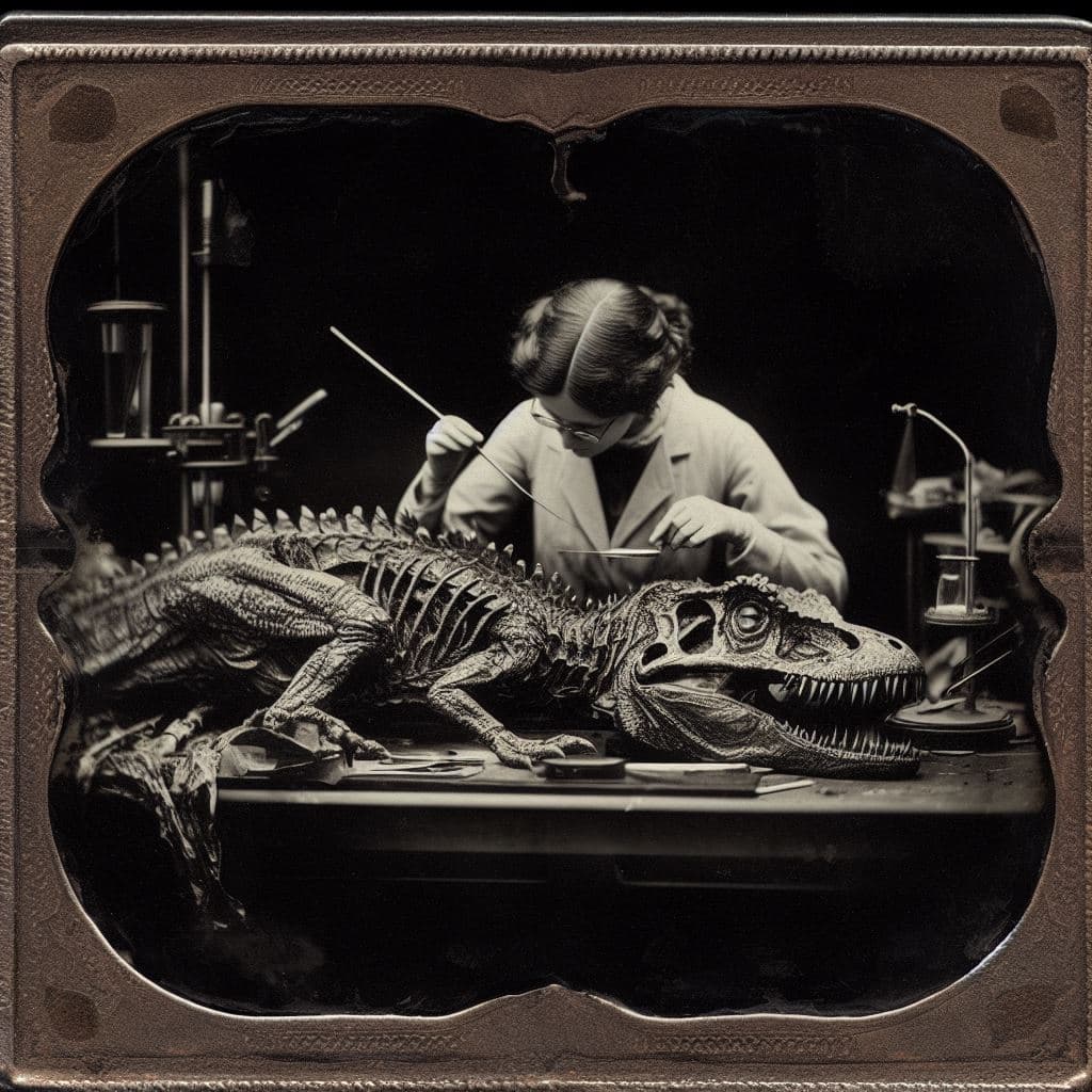 AI generated: detailed and intricate square daguerreotype photograph of a scientist dissecting a dinosaur in a lab...
