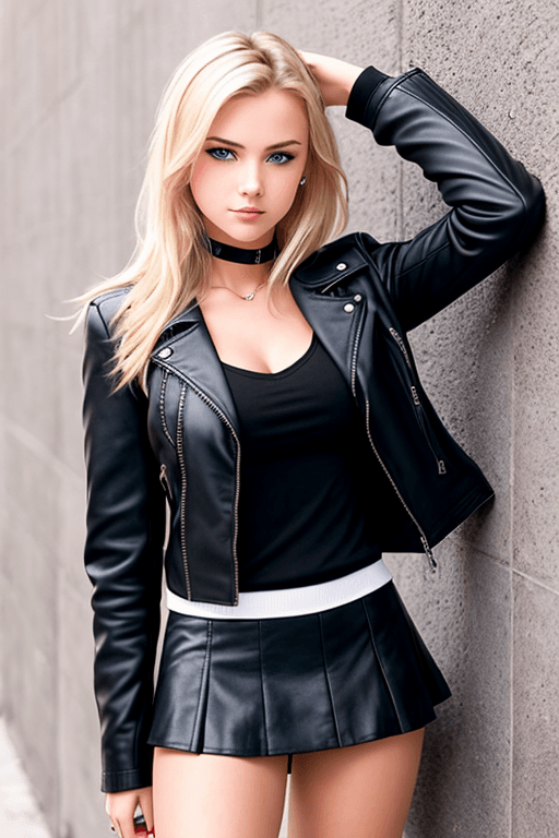 AI generated: a beautiful 18 yo american school-girl on a street, leaning against the wall, (side view), full body...