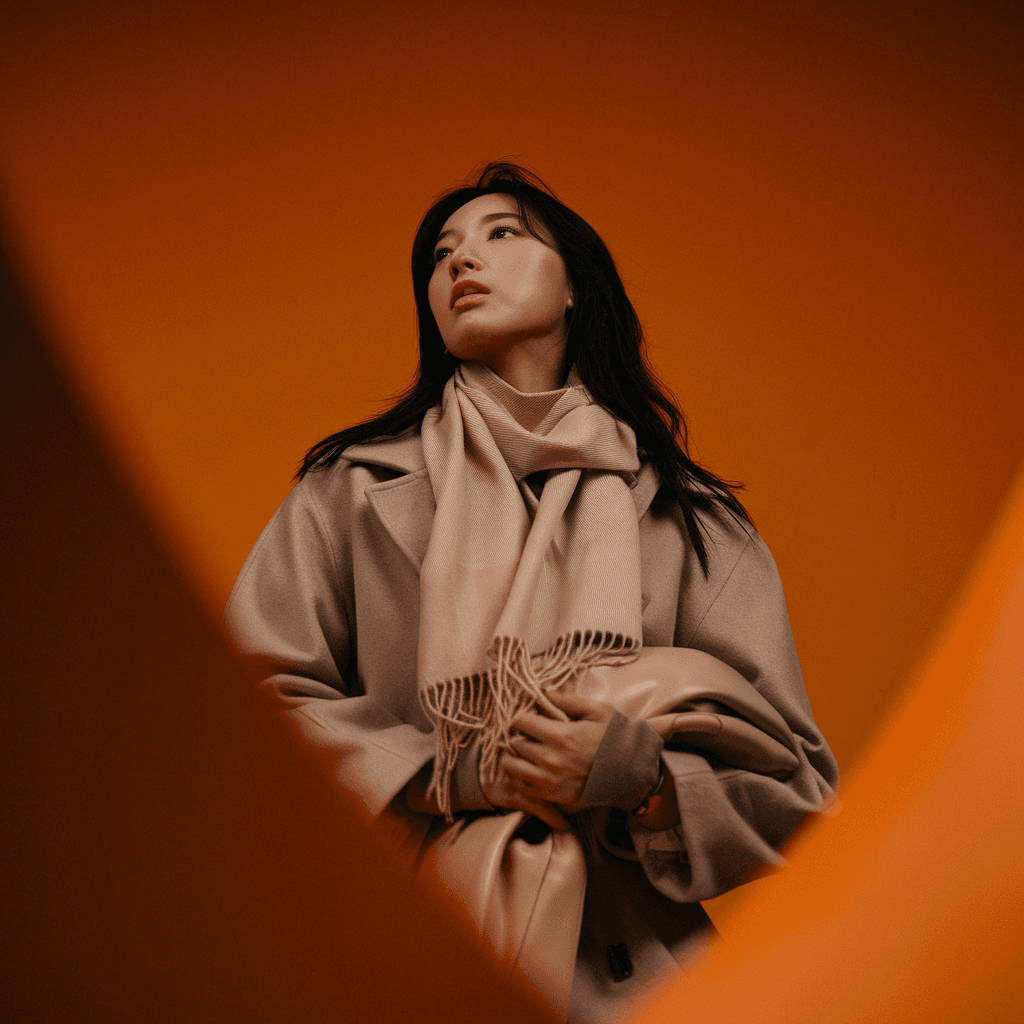 AI generated: photography, orange hue, korean woman model, solid orange backdrop, using a camera setup that mimics...