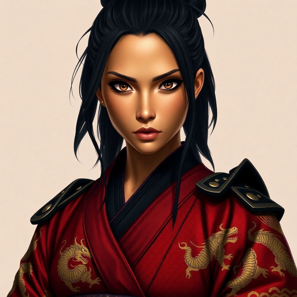 AI generated: A formidable and authentic female samurai, depicted from the waist up, with a powerful and commandin...