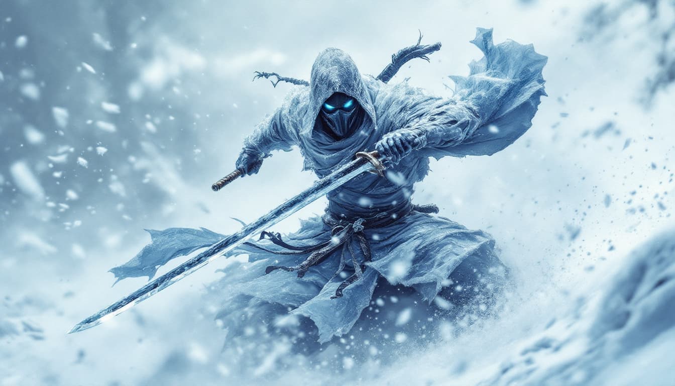 AI generated: The masked warrior moves through the snow, his frost-covered samurai cloak billowing. Glowing blue e...