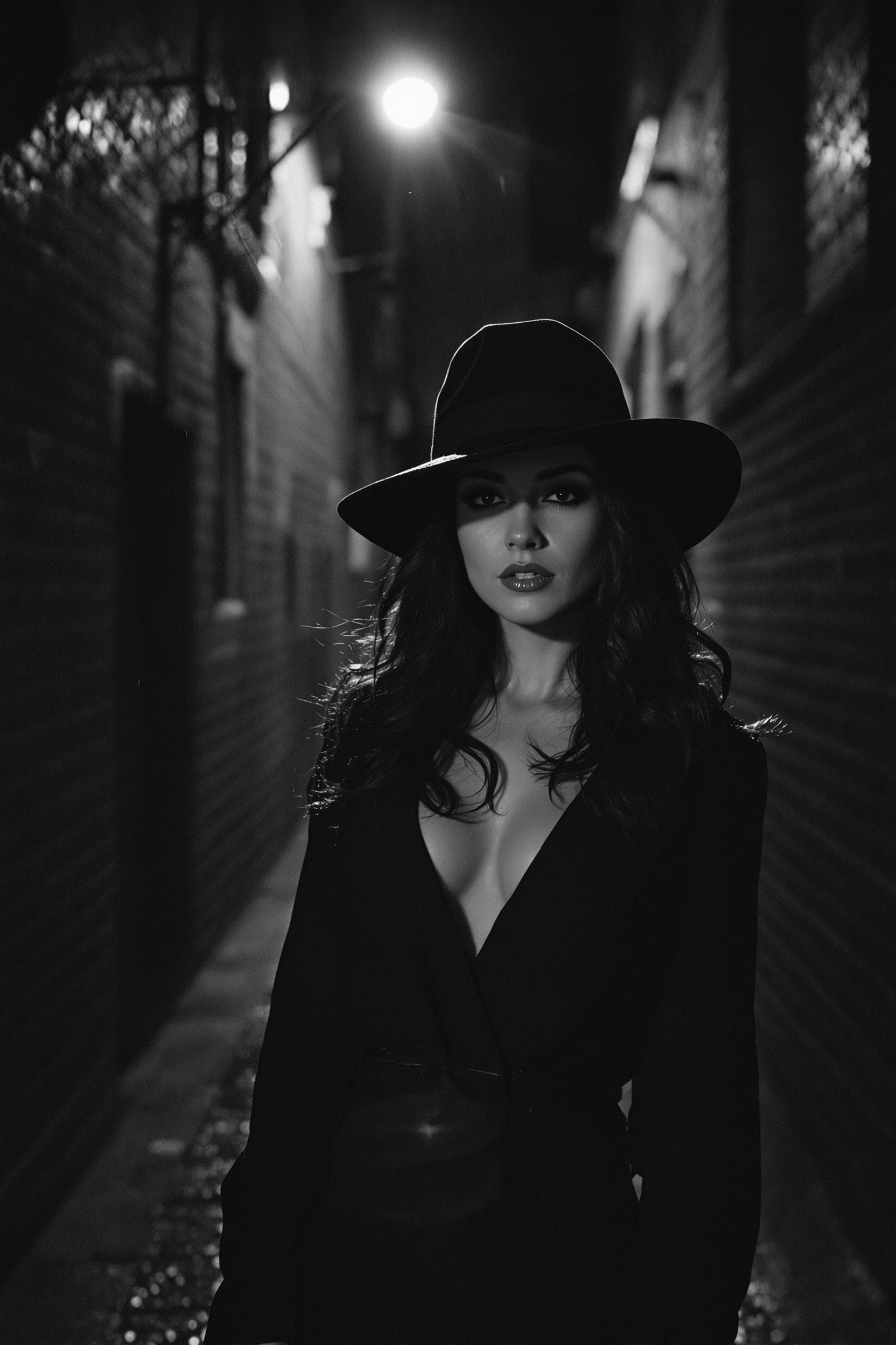 AI generated: A black and white noir photograph captures a woman with long, dark, wavy hair, her face partially sh...