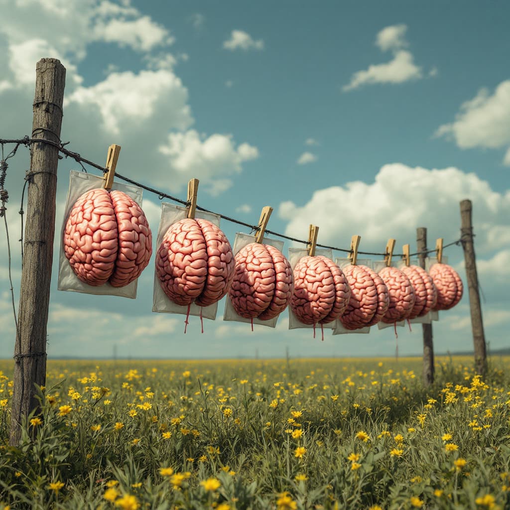 AI generated: Hyper realistic photo -- we've been brainwashed, several brains have been hung out to dry like laund...