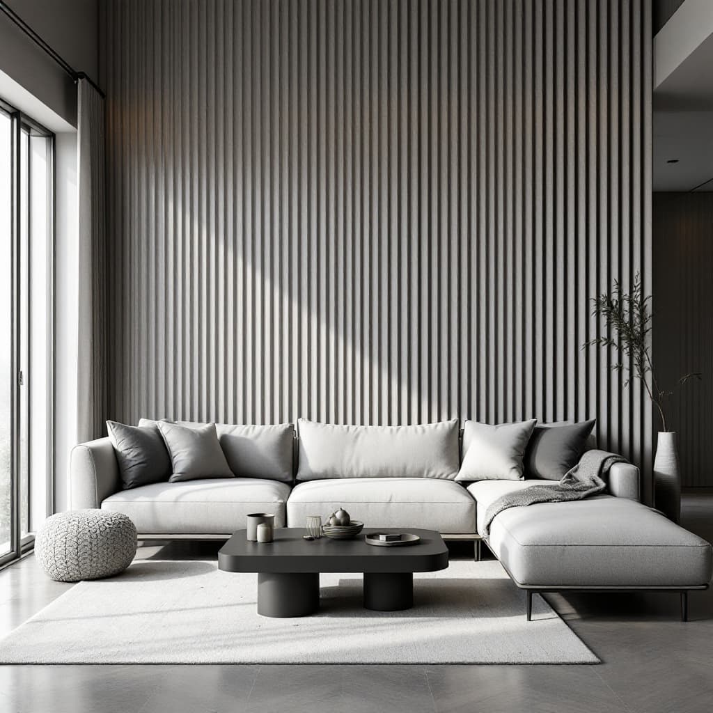 AI generated: family lounge area that exudes comfort and style, soft gray sectional sofa centered around a minimal...