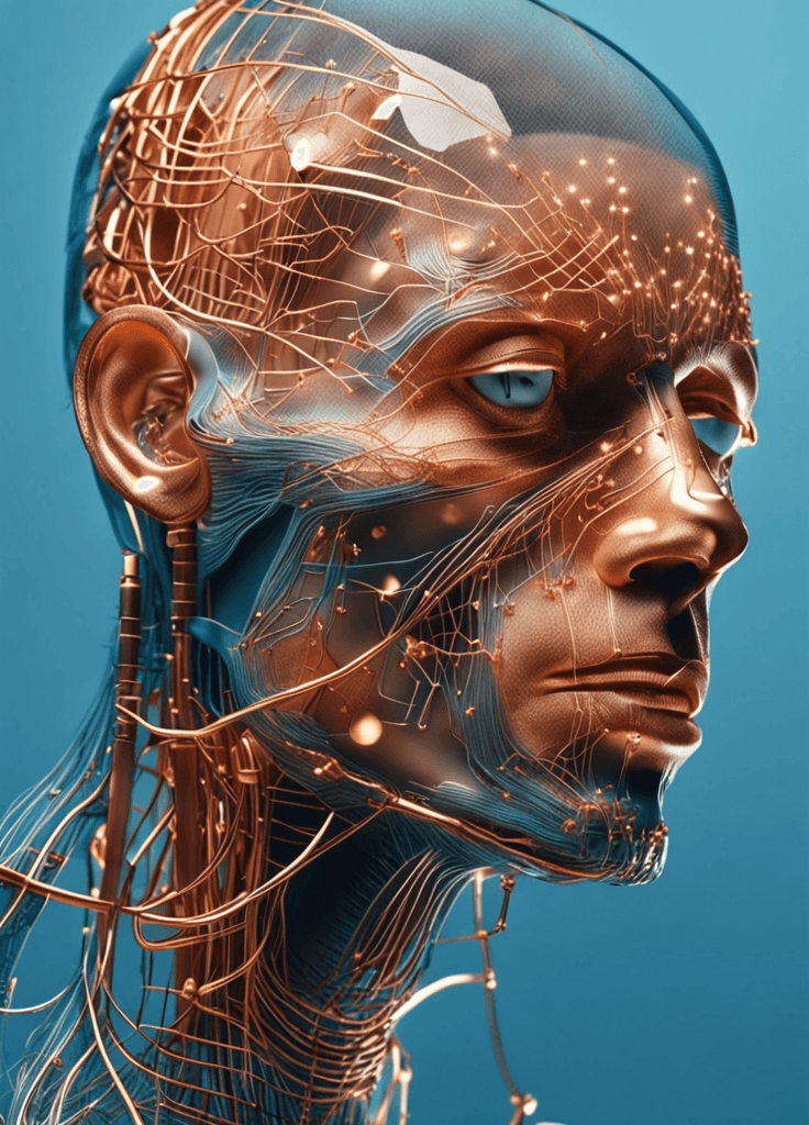 AI generated: a close-up picture of a person's head with finely arranged of ultra thin copper fibers and chips ins...