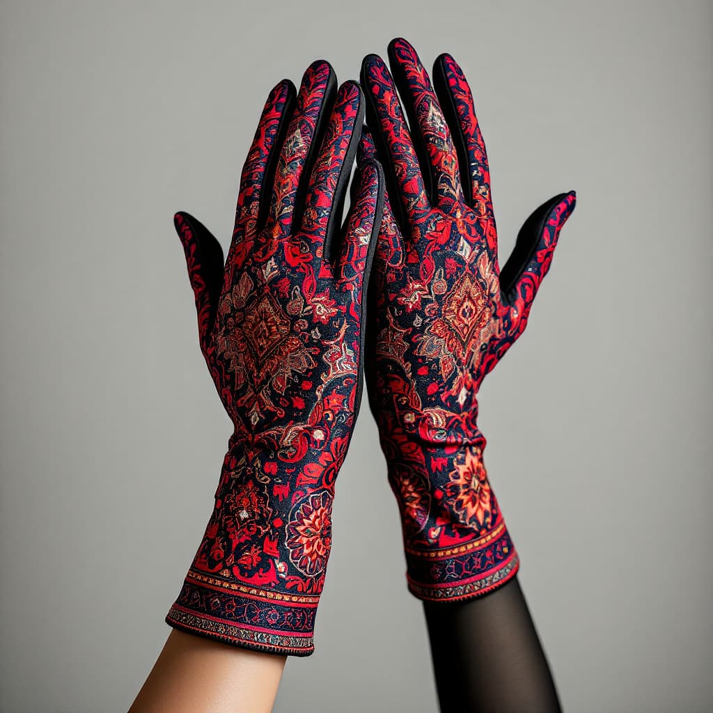 AI generated: Create a high-fashion modeling photo featuring a pair of elegant gloves. The gloves are intricately ...
