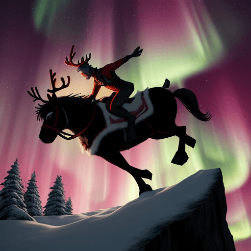 AI generated: Roku jumping from a cliff riding Rudolph the reindeer with red nose fast, in manga style, dramatic l...