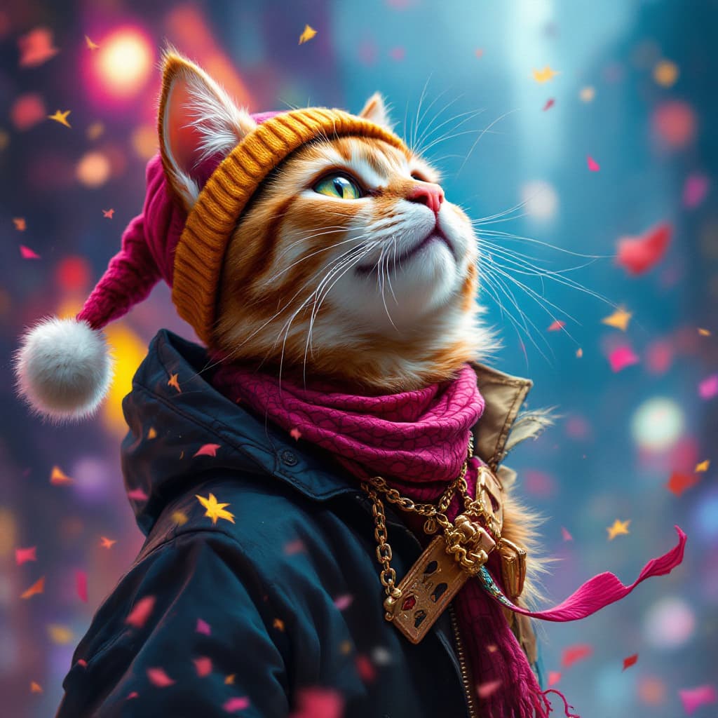 AI generated: happy cat wear hip hop style digital art oil painting style celebration background octane render com...