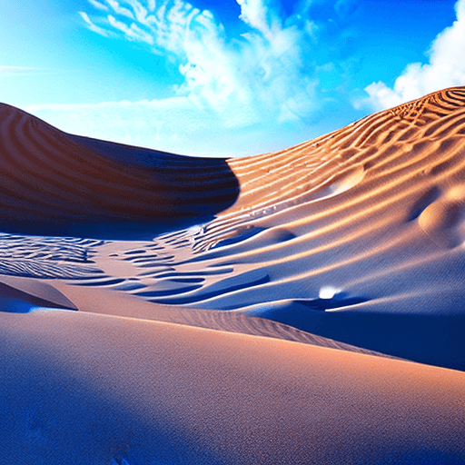 AI generated: illustration of a strange mysterious desolate desert with light blue sand , painting like ,light wha...