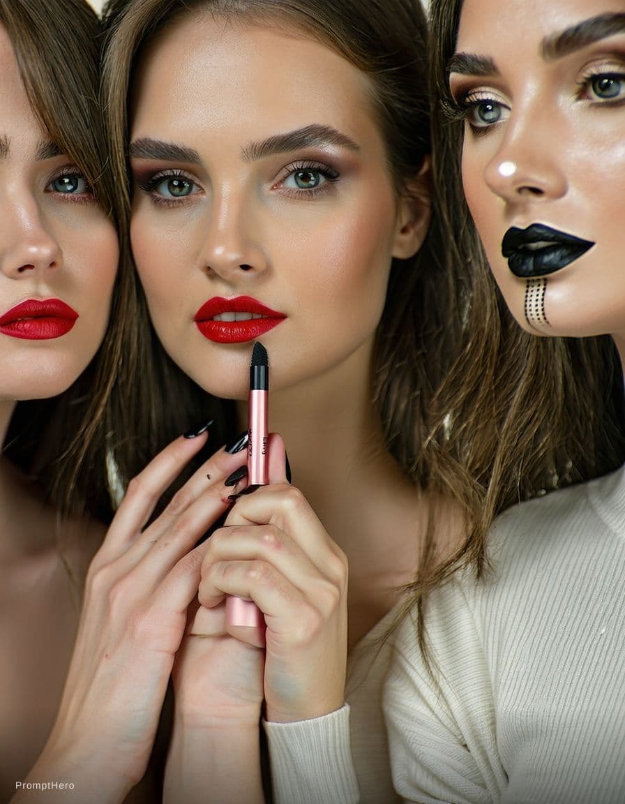AI generated: Change the color of the wearing to red and make me wear a red lipstick to match it , or make the col...
