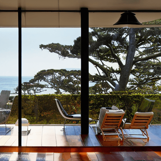 AI generated: hyper realistic eye level exterior photo of a mid century modern style house overlooking the ocean, ...