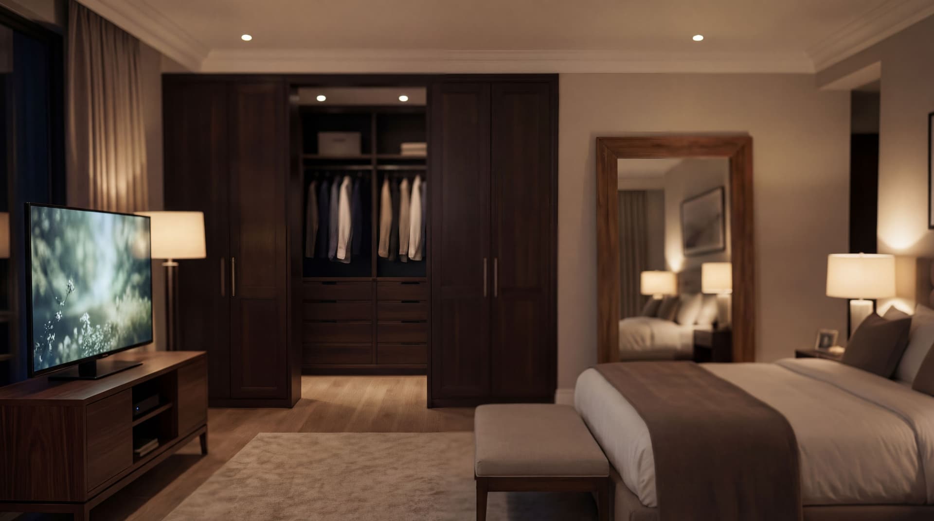 AI generated: Same bedroom. Remove the model. 
No couch. Instead of the couch there is a large t.v. between those ...