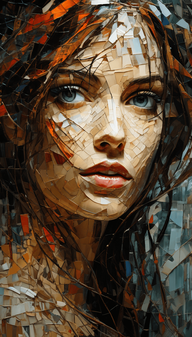 AI generated: A close-up portrait of a woman's face in a mosaic collage style. The woman is facing forward symmetr...