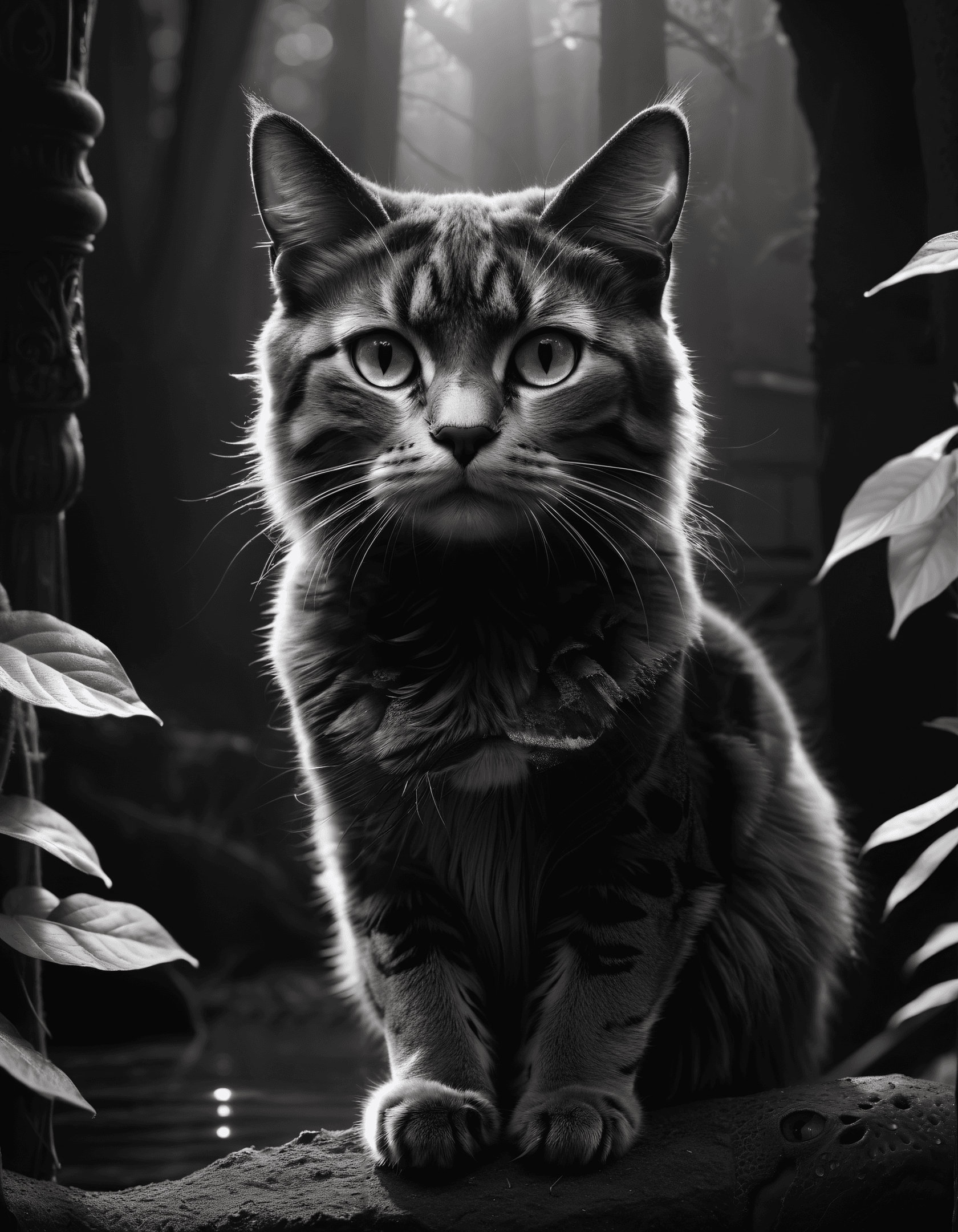 AI generated: B&W Photo , beautiful blue cat, with silver eyes, white chest, presenting magical jewel, looking at ...