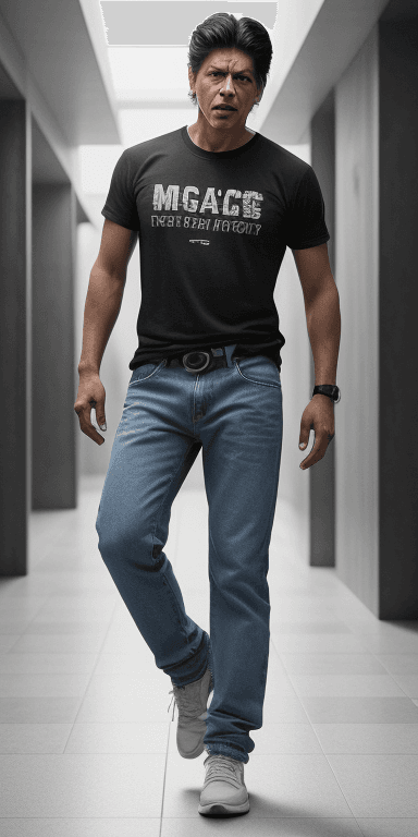 AI generated: Athletic Man wearing Jeans (hands in pocket) and t shirt Face hybrid of Shahrukh khan and morgan fre...