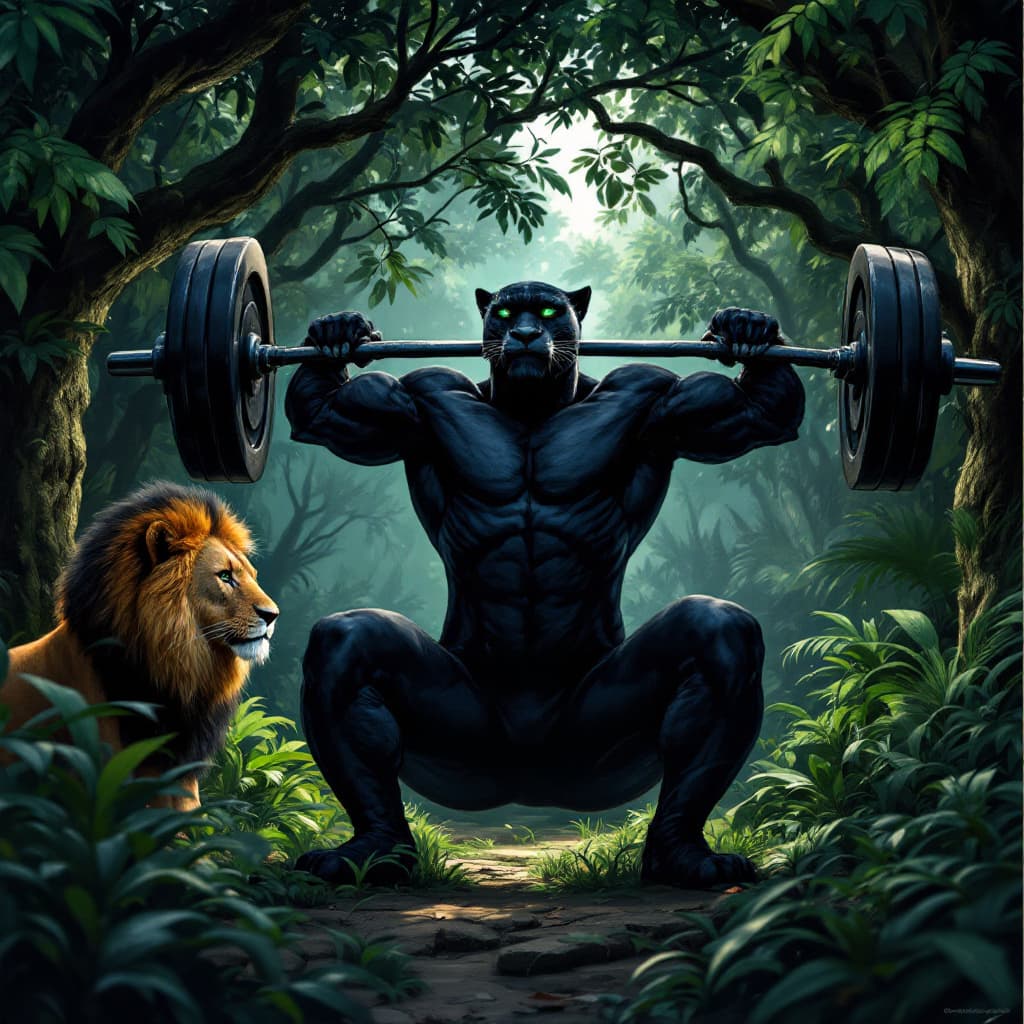 AI generated: black panther with radient green eyes lifting free-weights in the african jungle, while a lion looks...