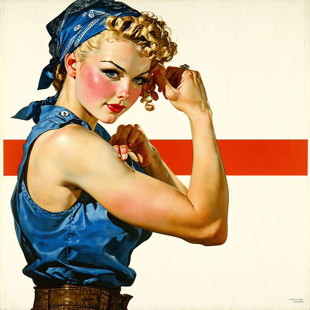 AI generated: Cover art quality illustration by ((Joseph Christian Leyendecker)), a Rosie the Riveter, 3/4 shot, f...