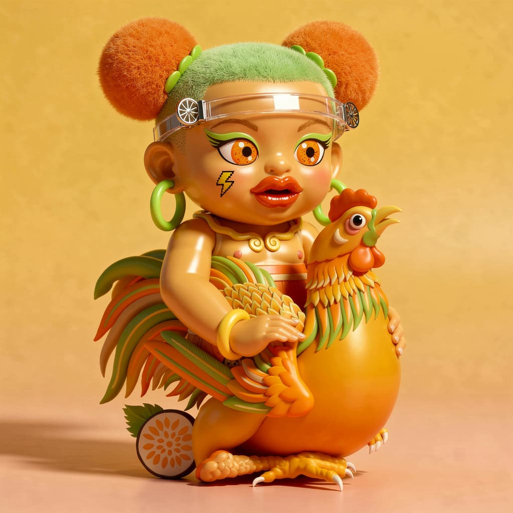 AI generated: Create a hyper-stylized 3D vinyl art toy inspired by Vietnamese folk illustration of a child riding ...