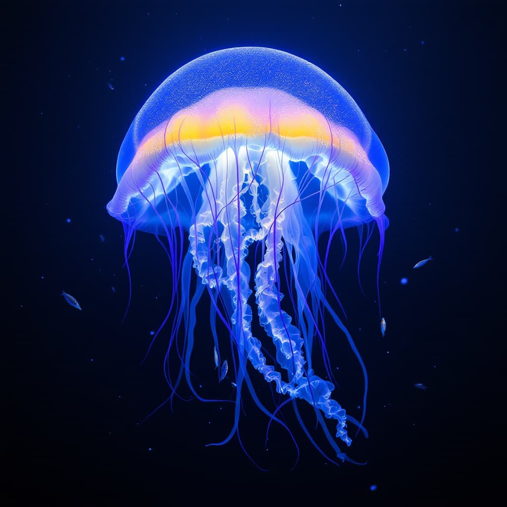 AI generated: [Scene: Deep ocean at twilight, 200m depth]
[Main Subject: Giant luminescent jellyfish, 15ft diamete...
