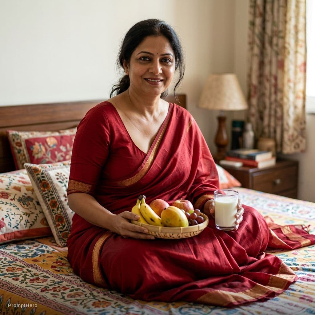 AI generated: Transform attached Image to sexy Indian aunty with a revealing low cut blouse wearing red saree , de...