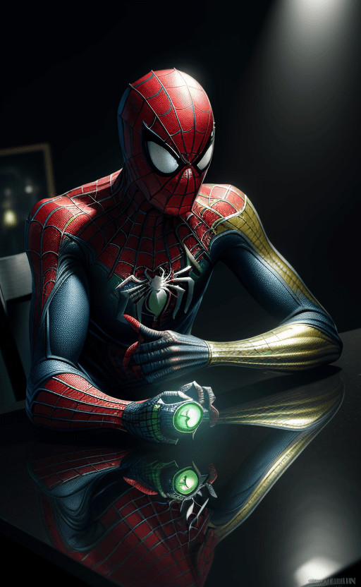 AI generated: handphone on the table with the design and character of spiderman The handphone is gold and green da...