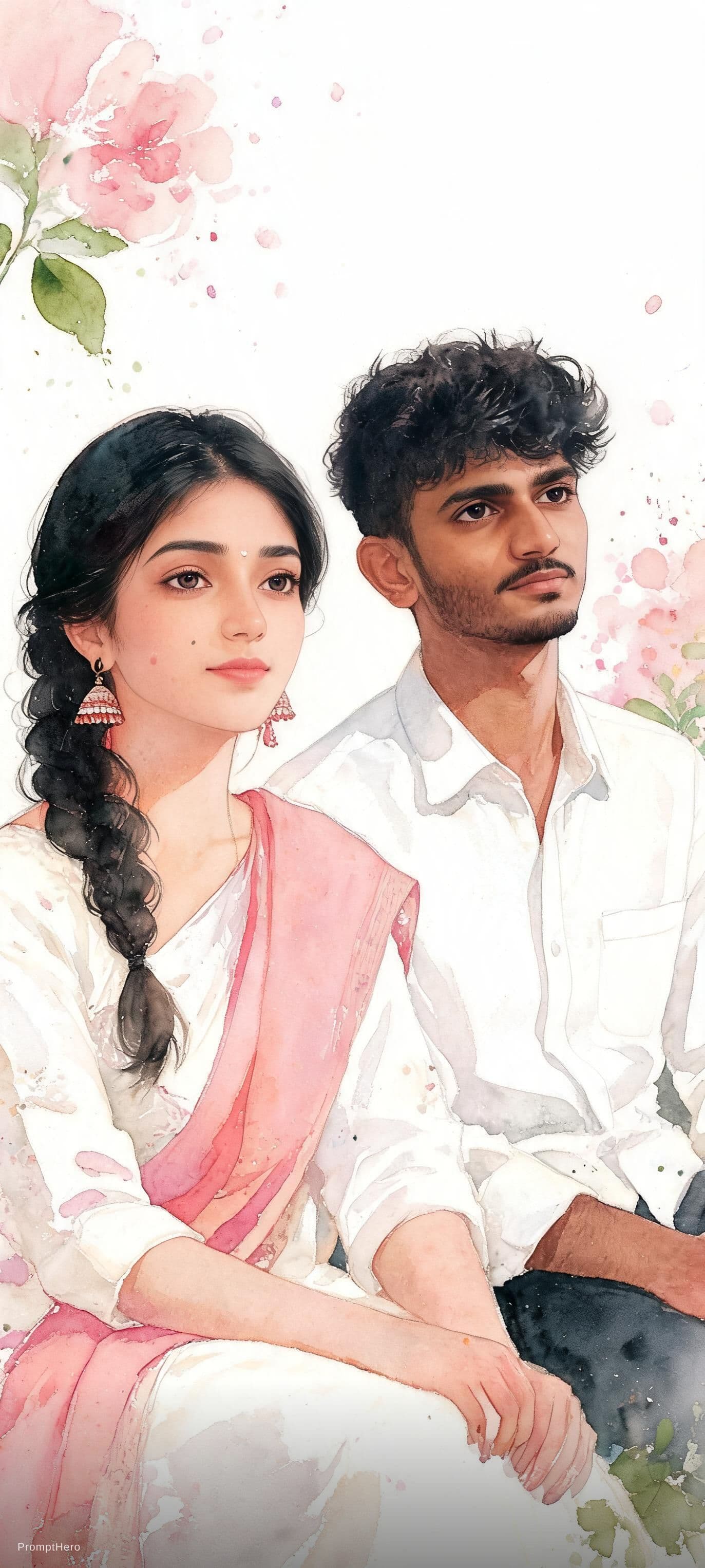AI generated: Watercolor-style portrait of a young Indian couple sitting gracefully in a white outfit with a pink ...