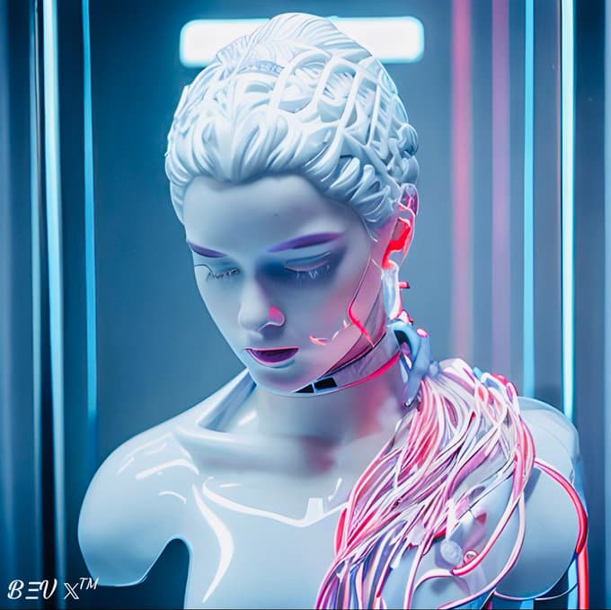 AI generated: electronic system on head humanoid cyborg woman with a visible detailed pink brain, with a visible d...