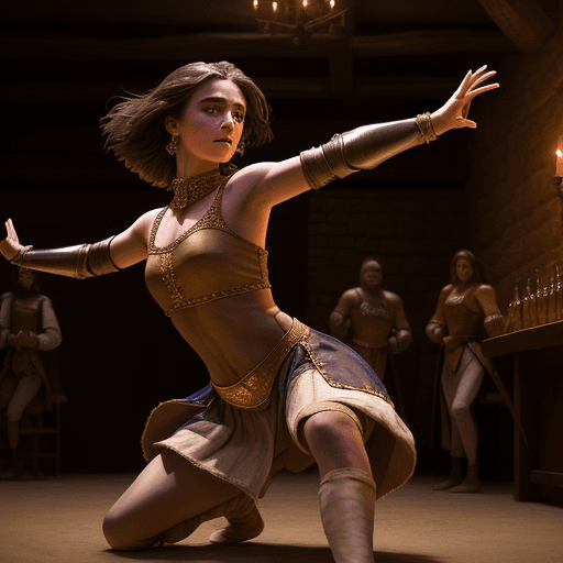 AI generated: A hyper realistic photo set in medieval times of Shay, a desert dancer with shoulder length brunette...