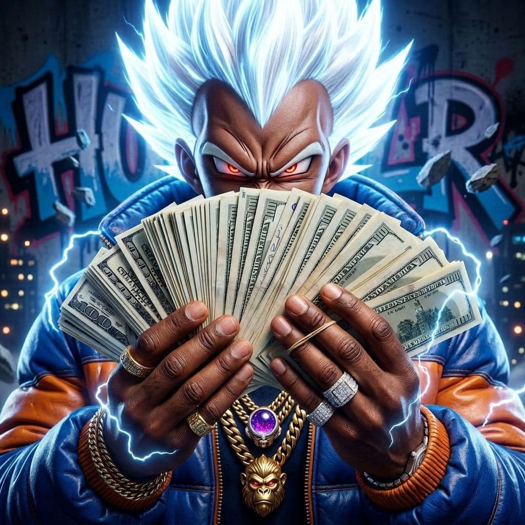 AI generated: very close up of an an angry hip hop super saiyan prince warrior'S HANDS holding money, he's wearing...
