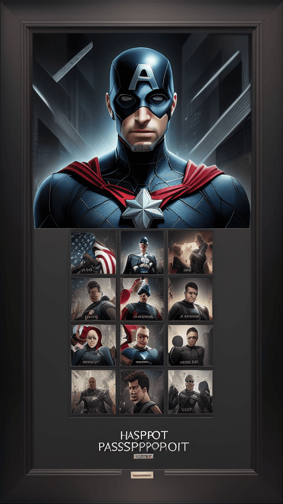 AI generated: card saying heroes passport, passport-themed art installation, creative typography, rendered in a di...
