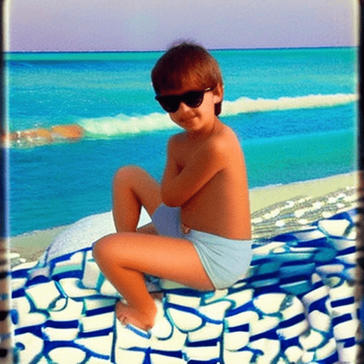 AI generated: 9 year old skinny kid in bikini sit on beach