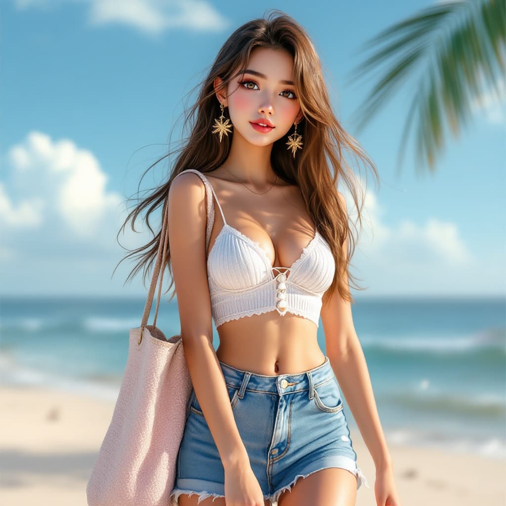AI generated: A sparkling-eyed young woman with a stylish beach bag, cute denim skirt, realistic crop top, beautif...