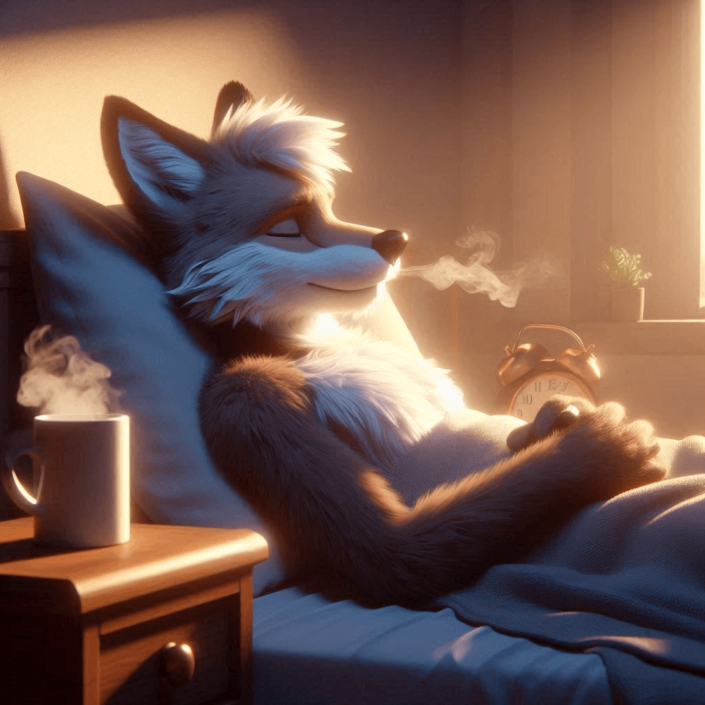 AI generated: 3D animation of a long-furred fox man lying on a bed with a thoughtful expression, his face relaxed ...