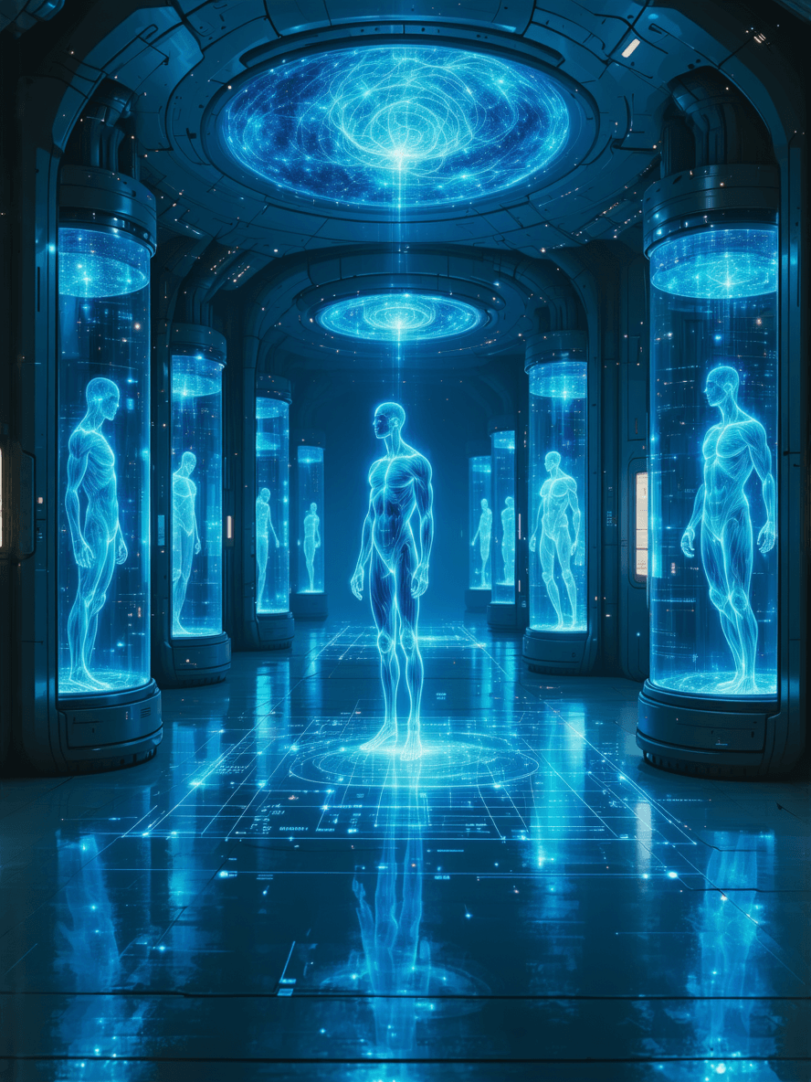 AI generated: A vast, futuristic neuroscience lab bathed in cold, ethereal light, where human artists are stored i...