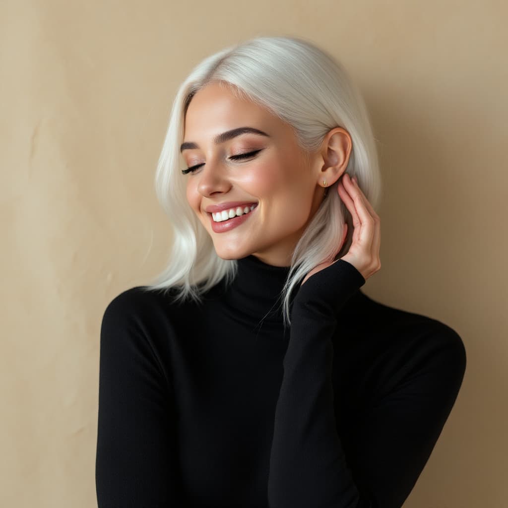 AI generated: A young white woman with platinum-dyed hair, smiling brightly as she tucks her hair behind her ear w...
