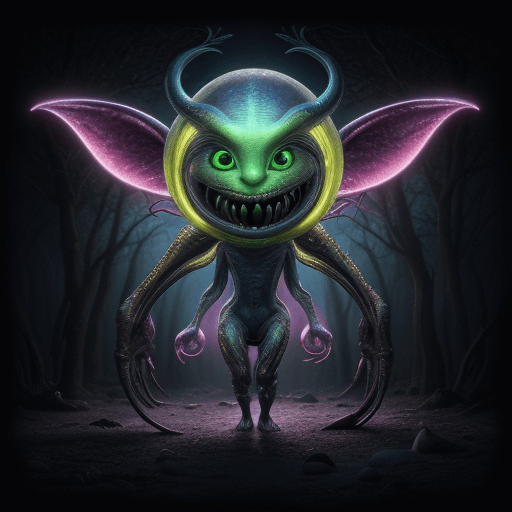 AI generated: a fantastical creature that blends ALIEN AND SMILEY and mythical traits Breathtaking , Vibrant color...