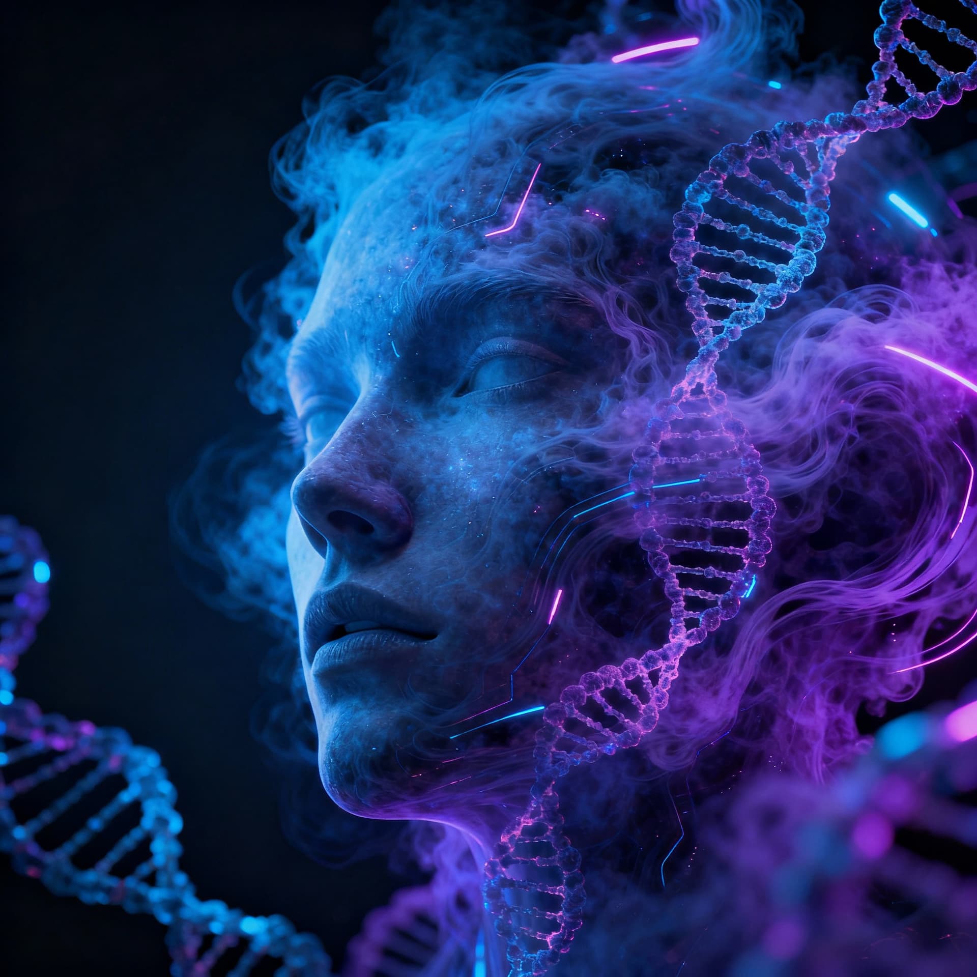 AI generated: Create a dystopian futuristic sci-fi style video depicting a strange ethereal futuristic face swirli...