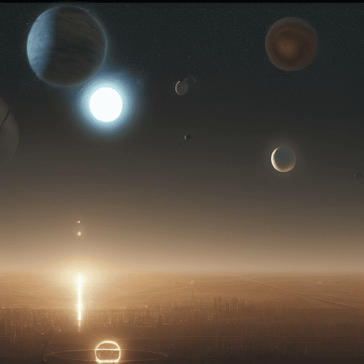 AI generated: zoomed out alien megacity with planets and moons in background inspired by artist yuri shwedoff on a...