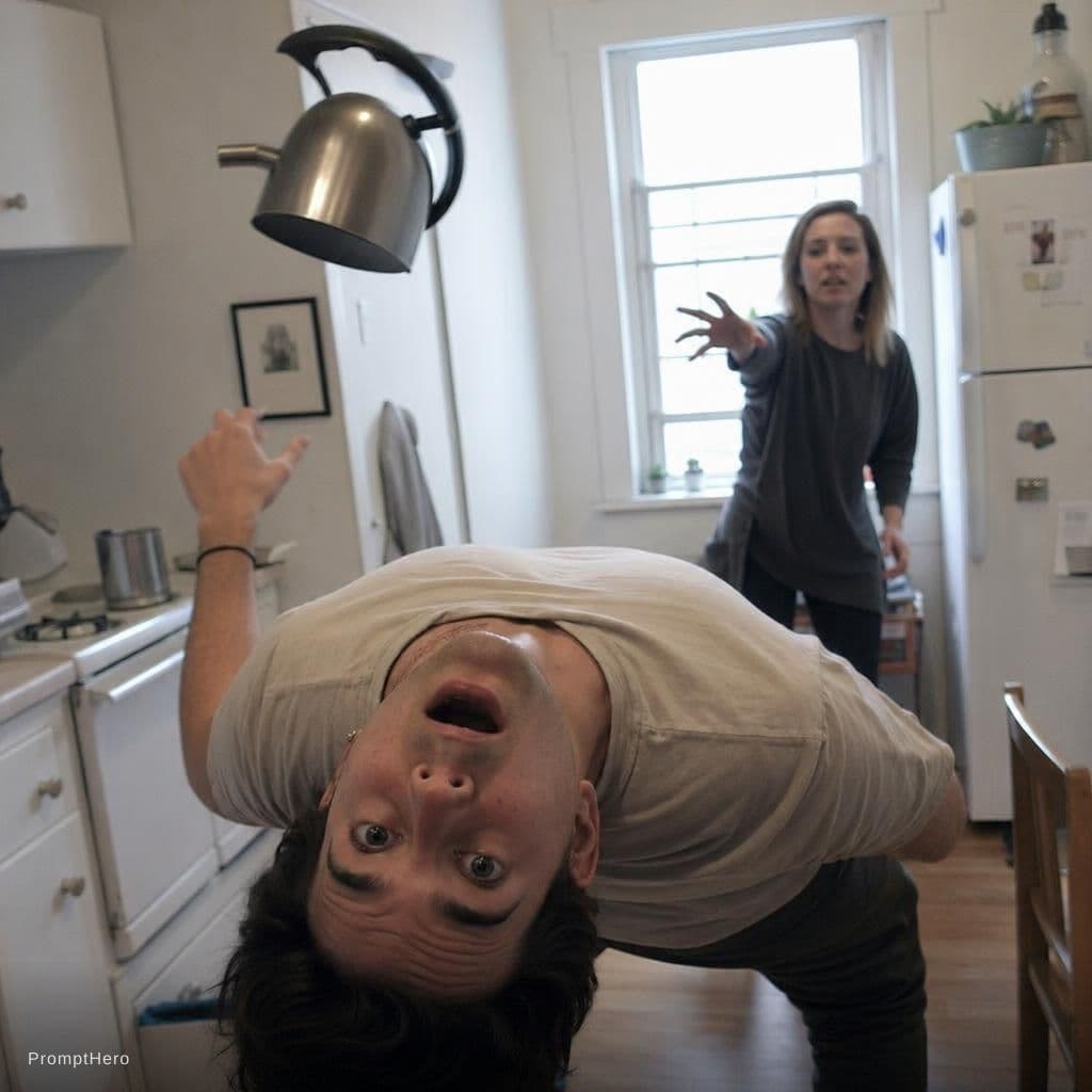 AI generated: A candid, hyper-realistic UGC-style photo taken inside a small apartment kitchen, a young man bendin...