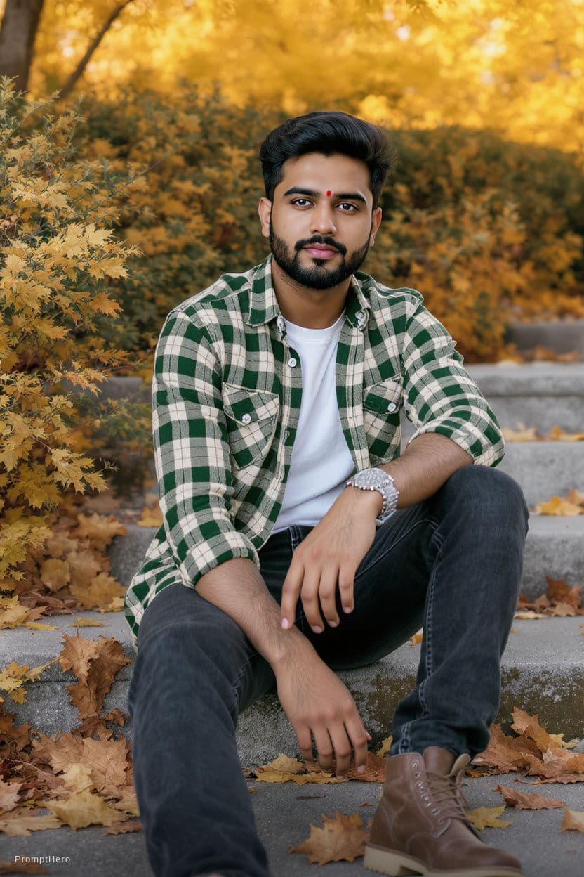 AI generated: A candid, photorealistic outdoor portrait of a young South Asian man sitting casually on wide concre...