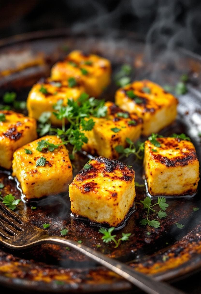 AI generated: paneer tikka served on sizzling tandoor plate with charred edges and microgreens garnish, smoke and ...