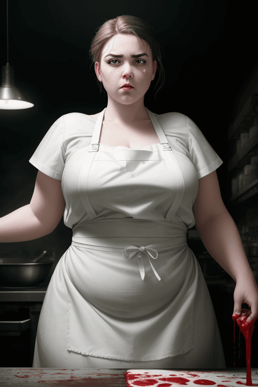 AI generated: RAW photo, low key, cinematic composition, fat  female butcher, woman, rim light, blood (white latex...