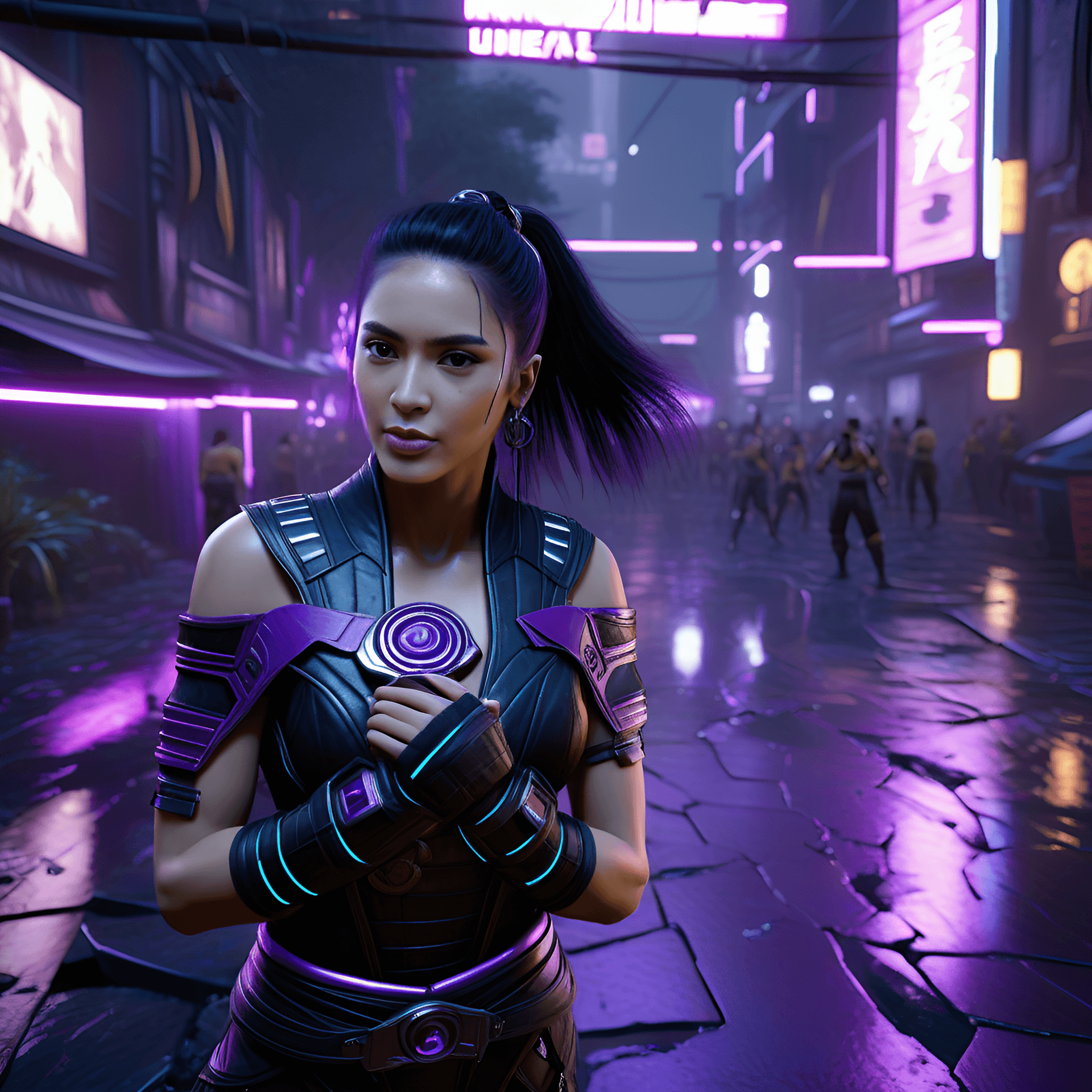 AI generated: Mortal Kombat , cyberpunk, outdoor, street, purple, hyperrealism, photorealistic, 8k, unreal engine,...