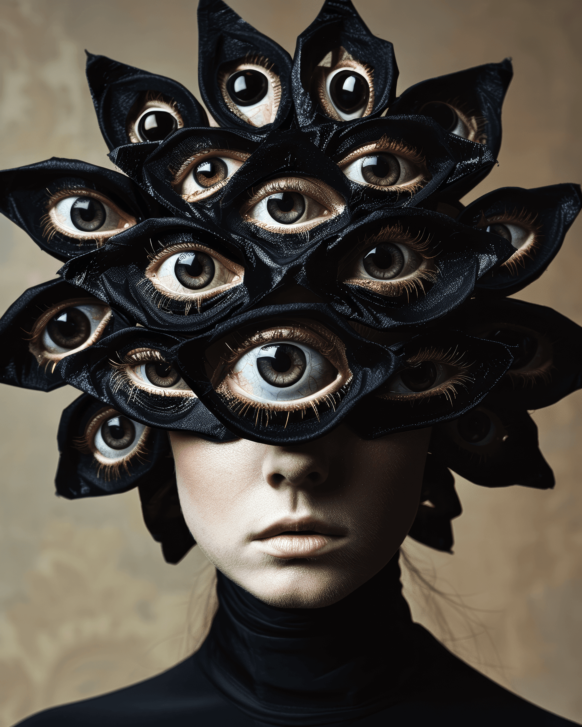 AI generated: fashion shoot, woman with a mask made of eyes --ar 4:5 --s 250 --v 6.0