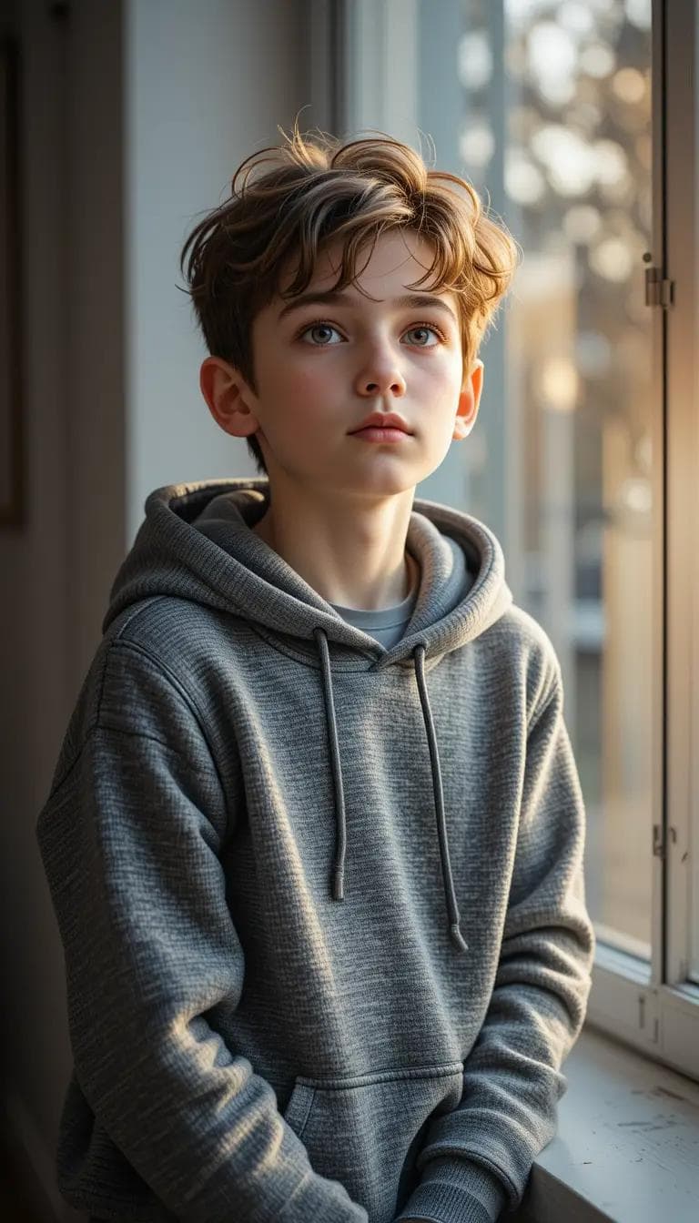 AI generated: 8-year-old Caucasian boy (handsome delicate features:1.5), (slender athletic build:1.2), wearing a t...
