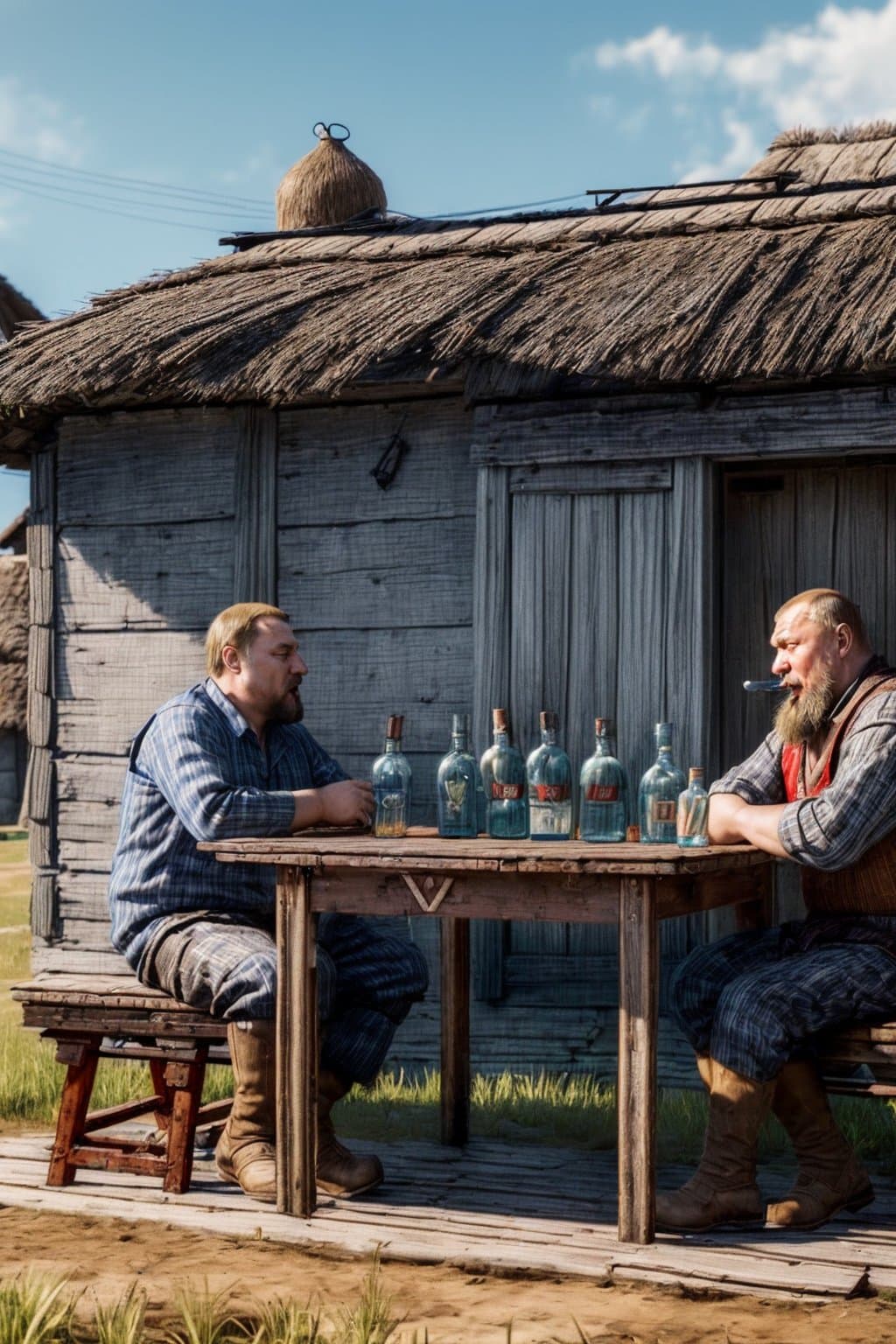 AI generated: (couple of drunk Russian men drinking vodka:1.3), (old wooden table with empty bottles:1.3), (villag...